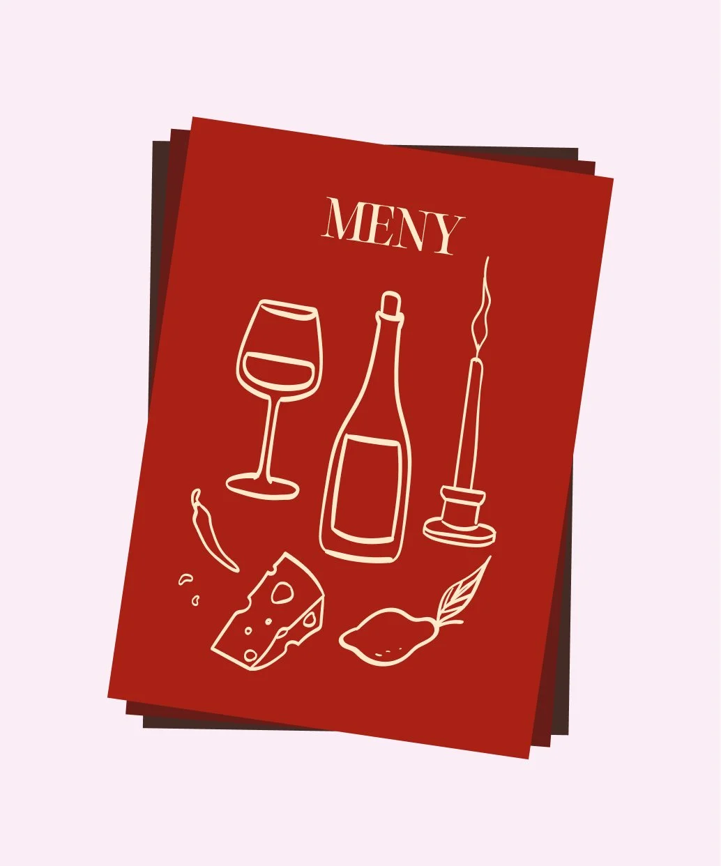 Menyskort med illustrationer av ett vinglas, en drinkflaska, ett ljus, ost, och en citron.