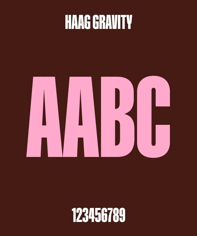 En brun bakgrundsbild med stor rosa text som säger 'ABC', en mindre text ovanför som säger 'HAAG GRAVITY' och en rad med siffror längst ner.