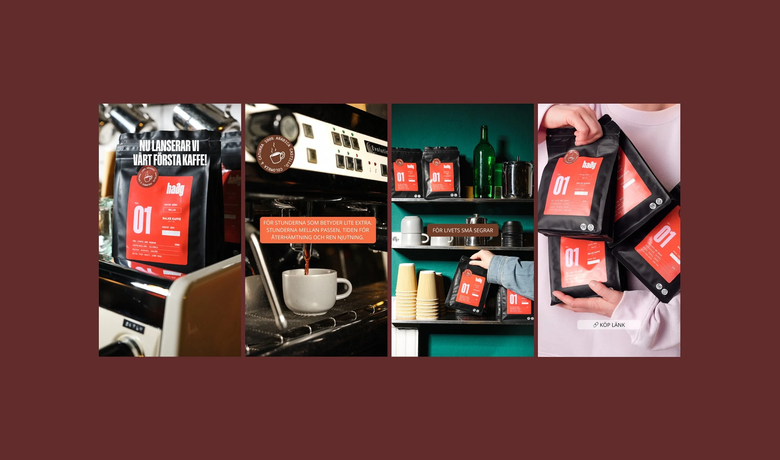 Första bild visar ett paket med kaffe, andra bild visar en espressomaskin som droppar kaffe i en mugg, tredje bild visar kaffepaket och koppar på en vägg, fjärde bild visar någon som håller kaffepaket.