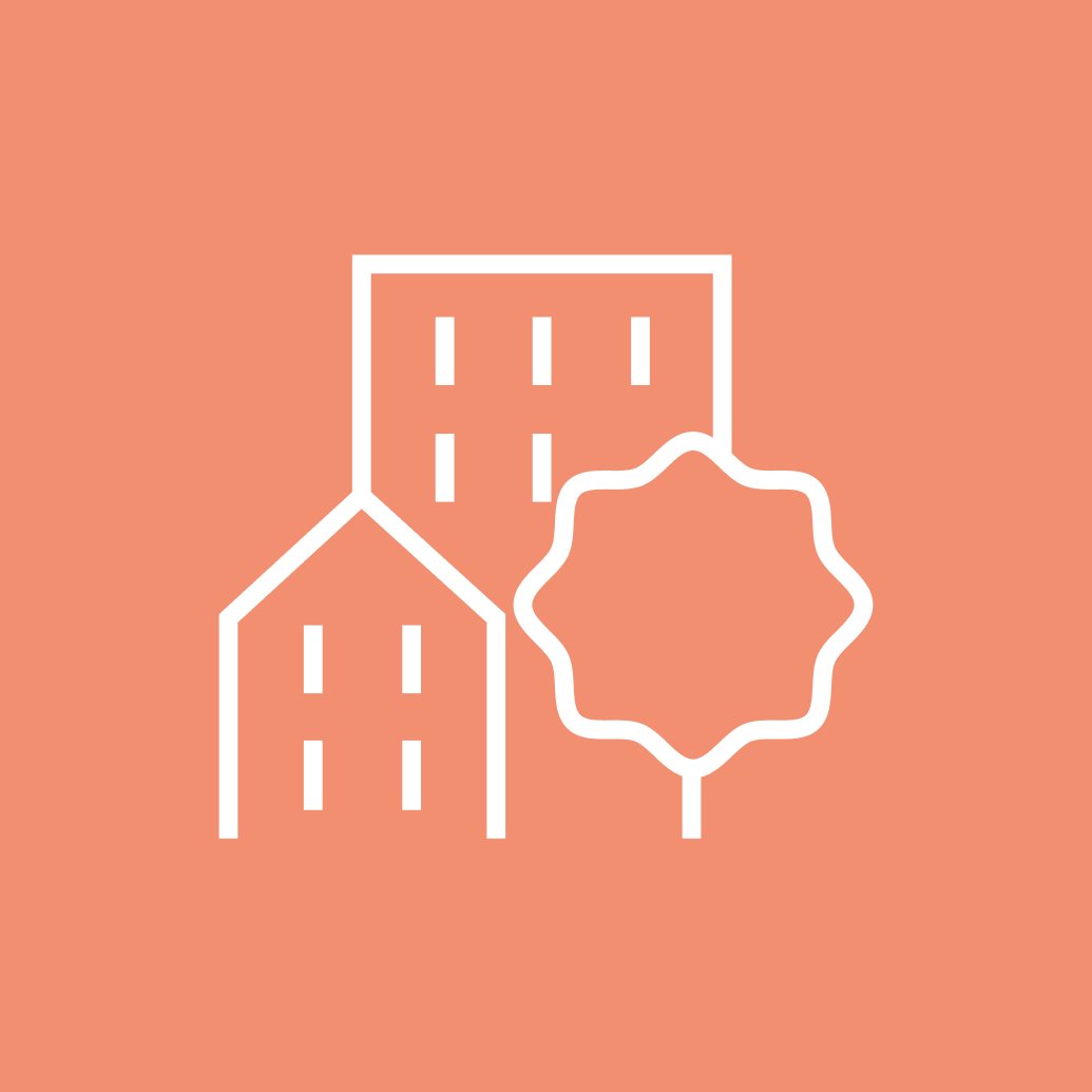 Ikon av hus och ett träd med en badge eller medalj framför.