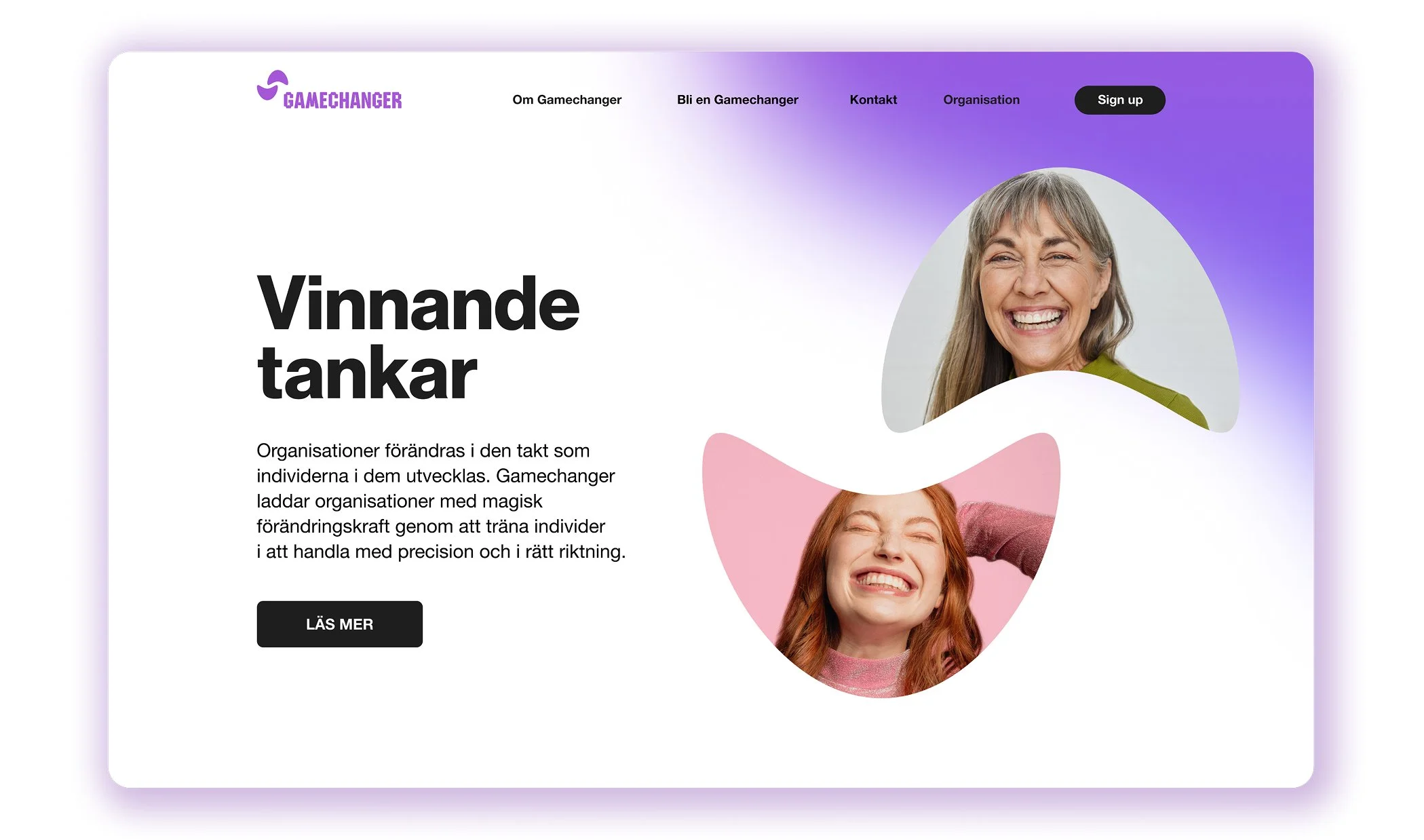 Webbsida för organisationen Gamechanger med bilder av glada kvinnor och text om förändrade tankar.