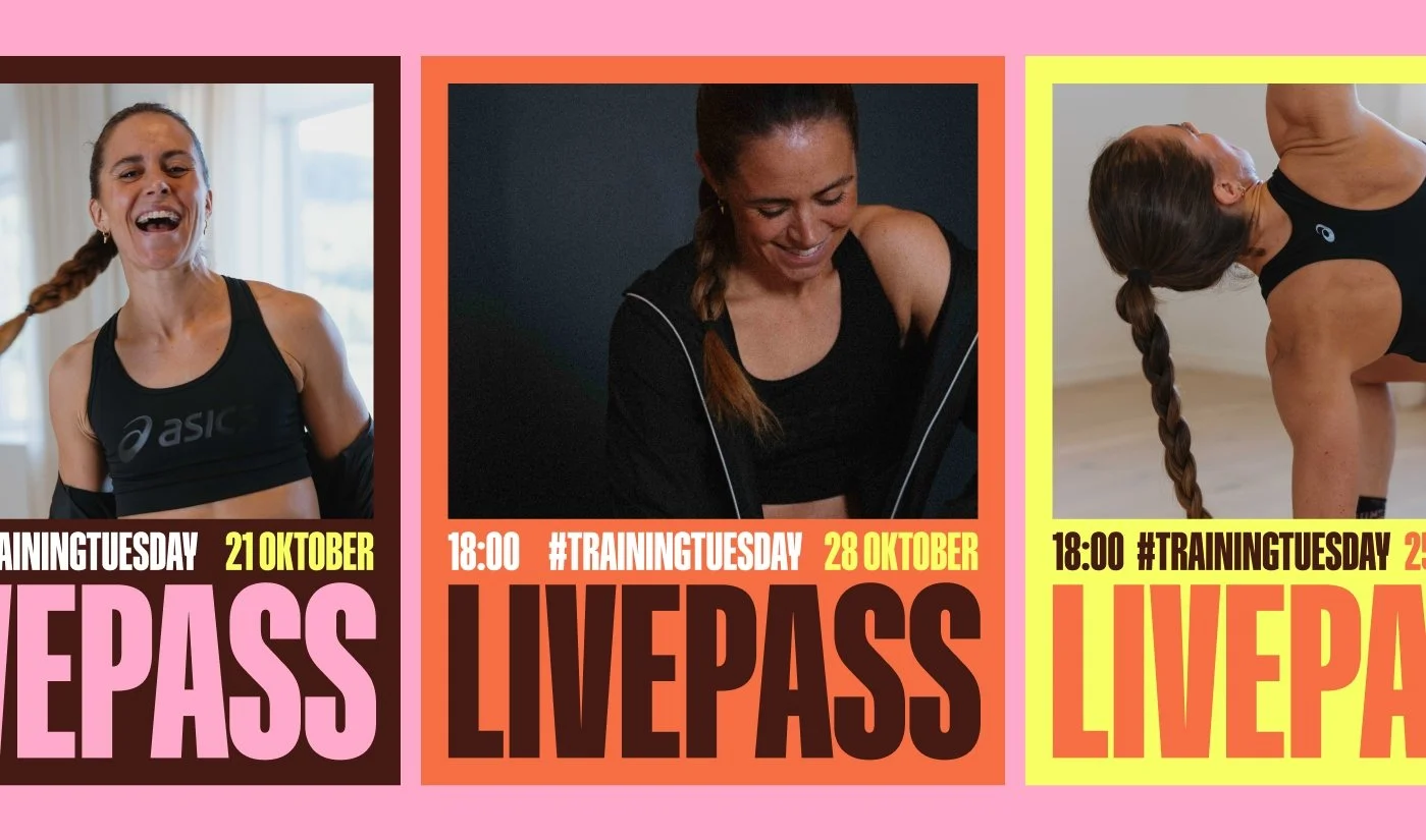 Tre kvinnor deltar i träningspass, alla i sportkläder, en ler och ser glad ut, en annan är förändrad under träning, och en tredje är i en yoga-position. Text om träningshändelser den 21 och 28 oktober på skärmen.