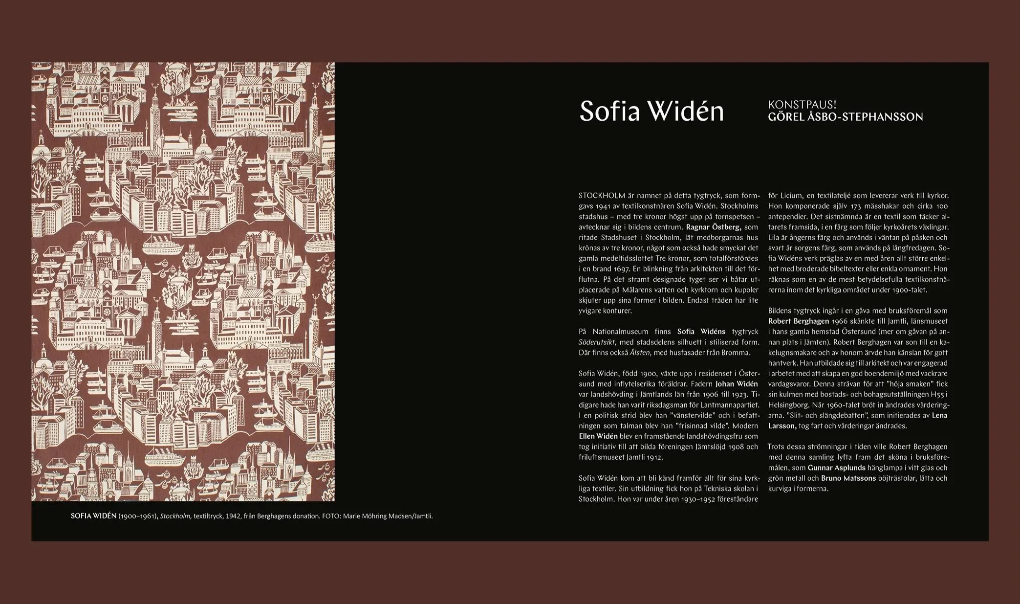 Bild av textiltryck av Stockholm, skapad av Sofia Widén 1942, som visar en staden med byggnader, kyrkor, torn och båtar, i beige och mörkbrunt.