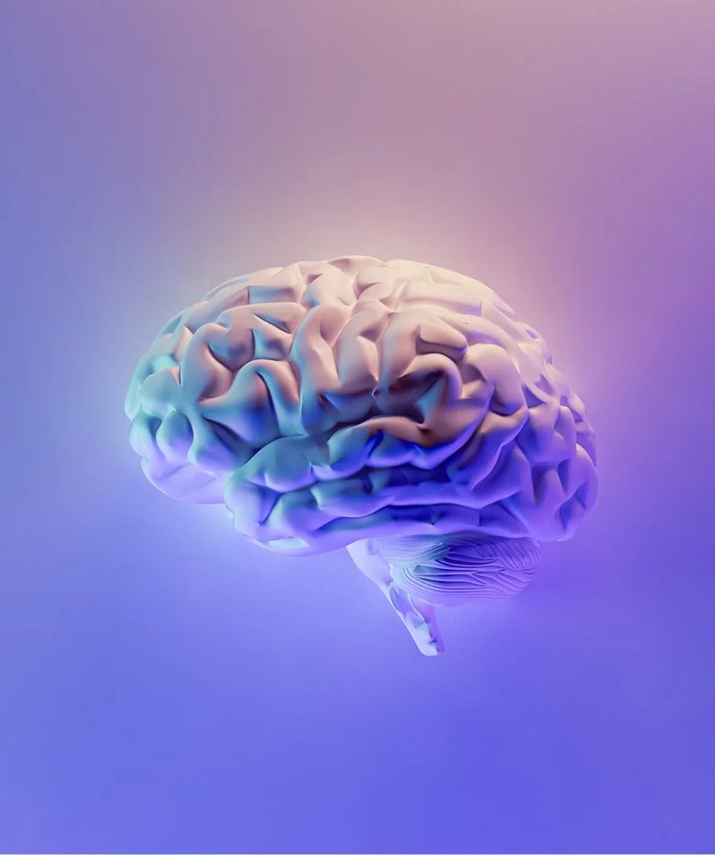 En digital illustration av en mänsklig hjärna i ljusa pastellfärger mot en gradientbakgrund.