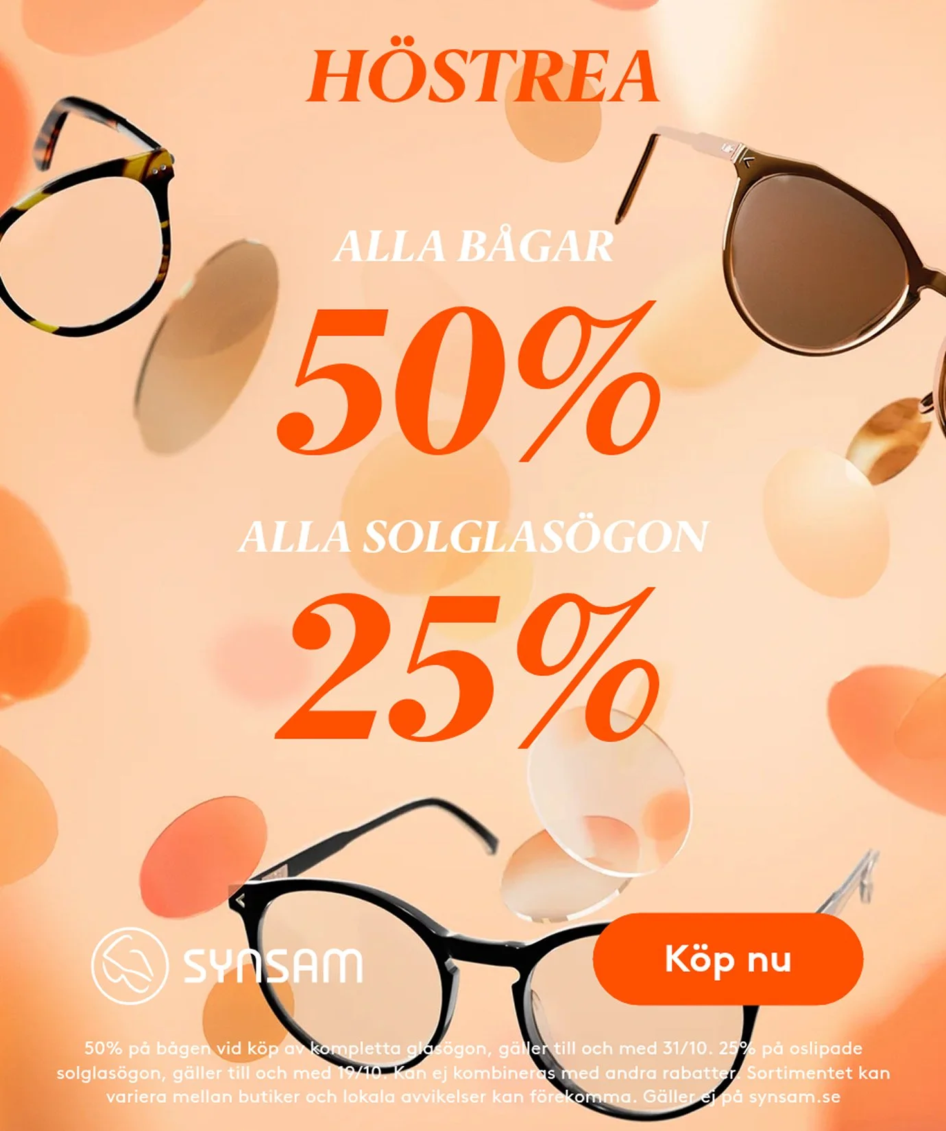 Annons för sunglassesrea med 50% rabatt på alla bågar och 25% på solglasögon, med bilder av olika solglasögon och en knapp som säger 'Köp nu'.