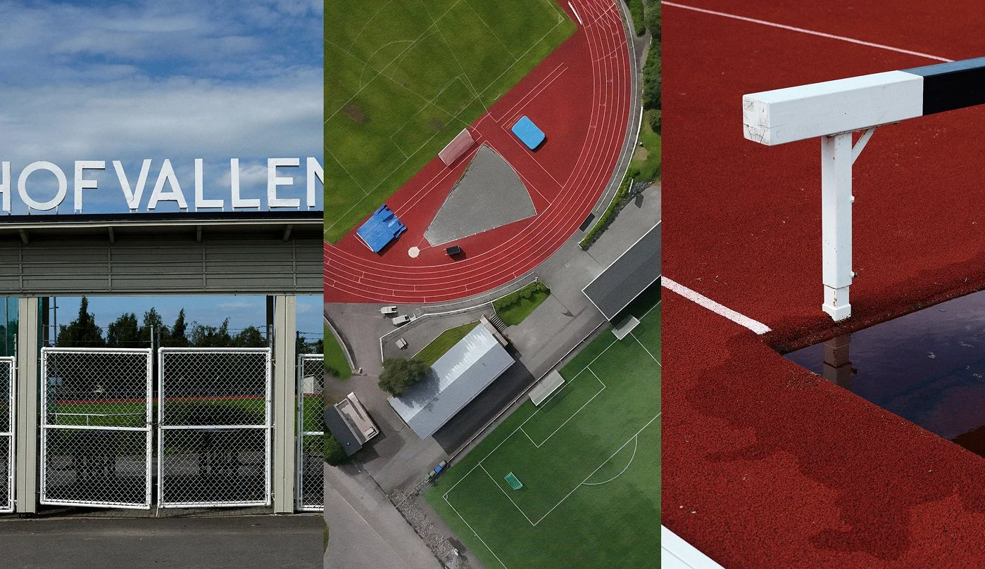 Olika sportanläggningar inklusive fotbollsplan, löparbana, gymnastik- eller friidrottsredskap och studieplats.