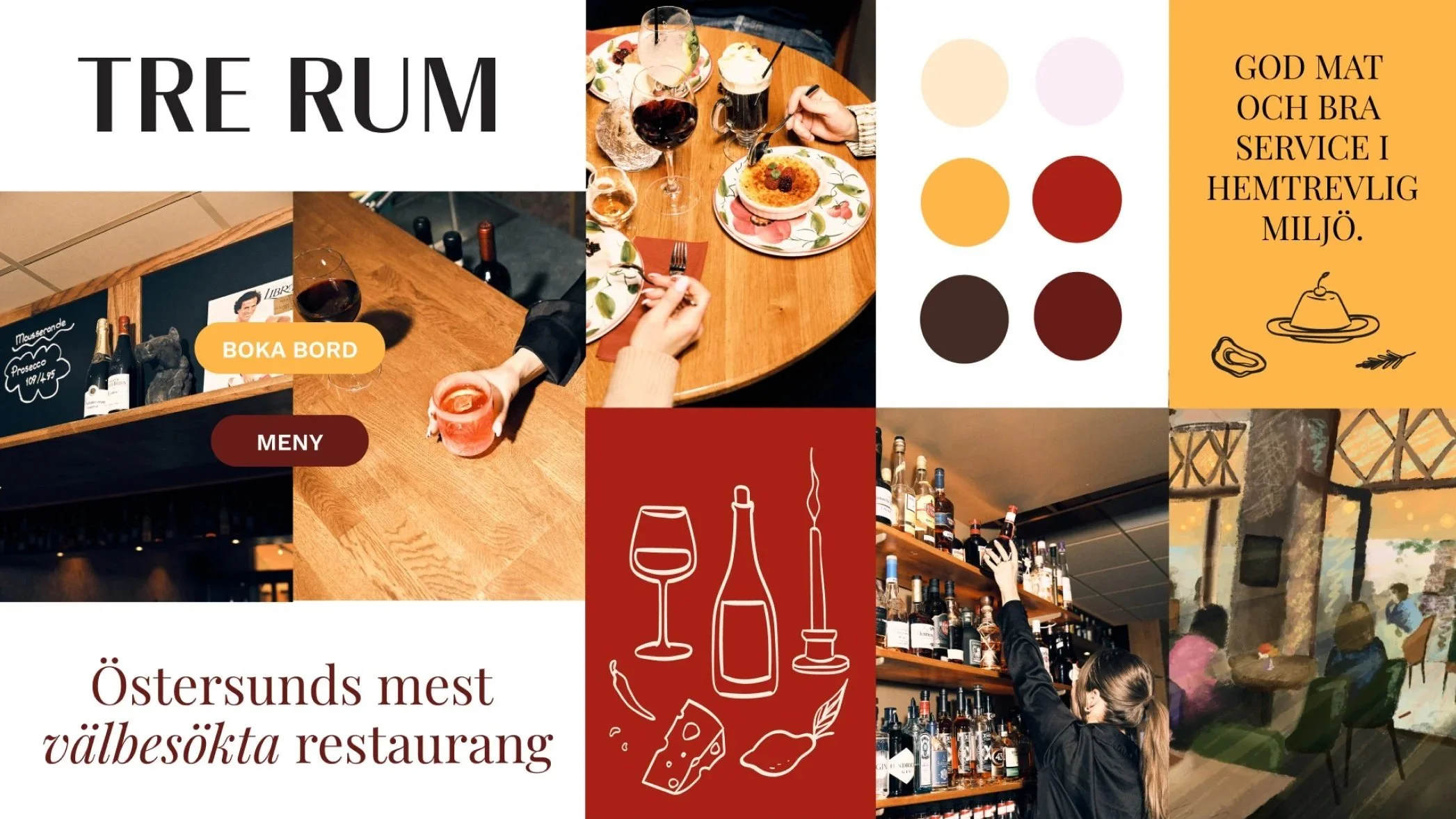 En collage av bilder från ett restaurangmiljö, inklusive ett bord med mat och dryck, en bar med flaskor, och inomhusmiljö med människor. Text på svenska marknadsför restaurangen med servering, meny och miljö.