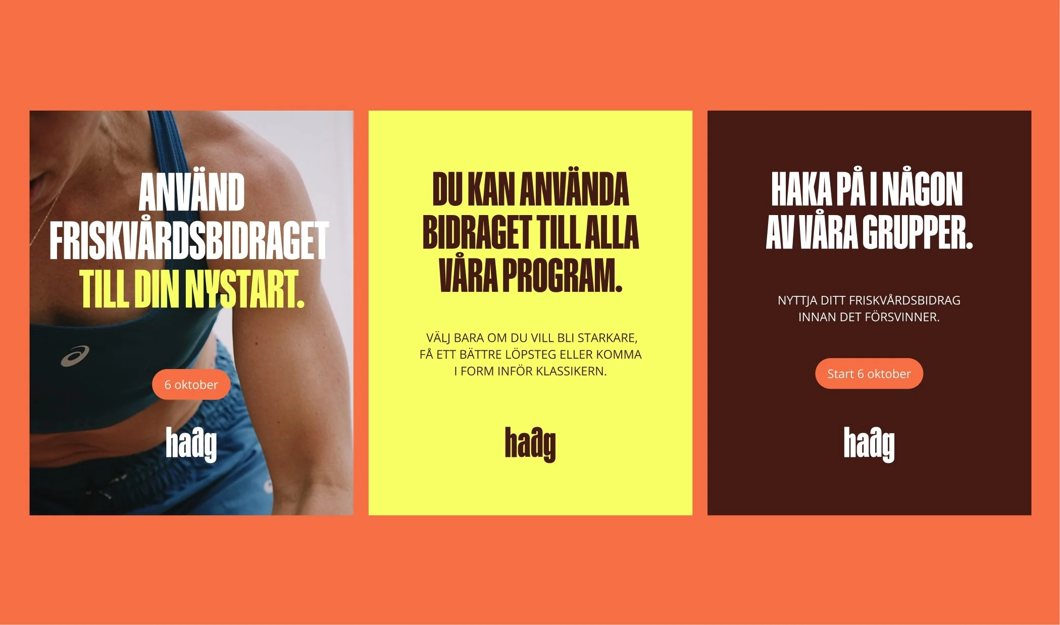 Tre färgglada informationsrutor om hälsostipendier och programstart, med startdatum 6 oktober, inklusive en bild av en person i träningskläder.