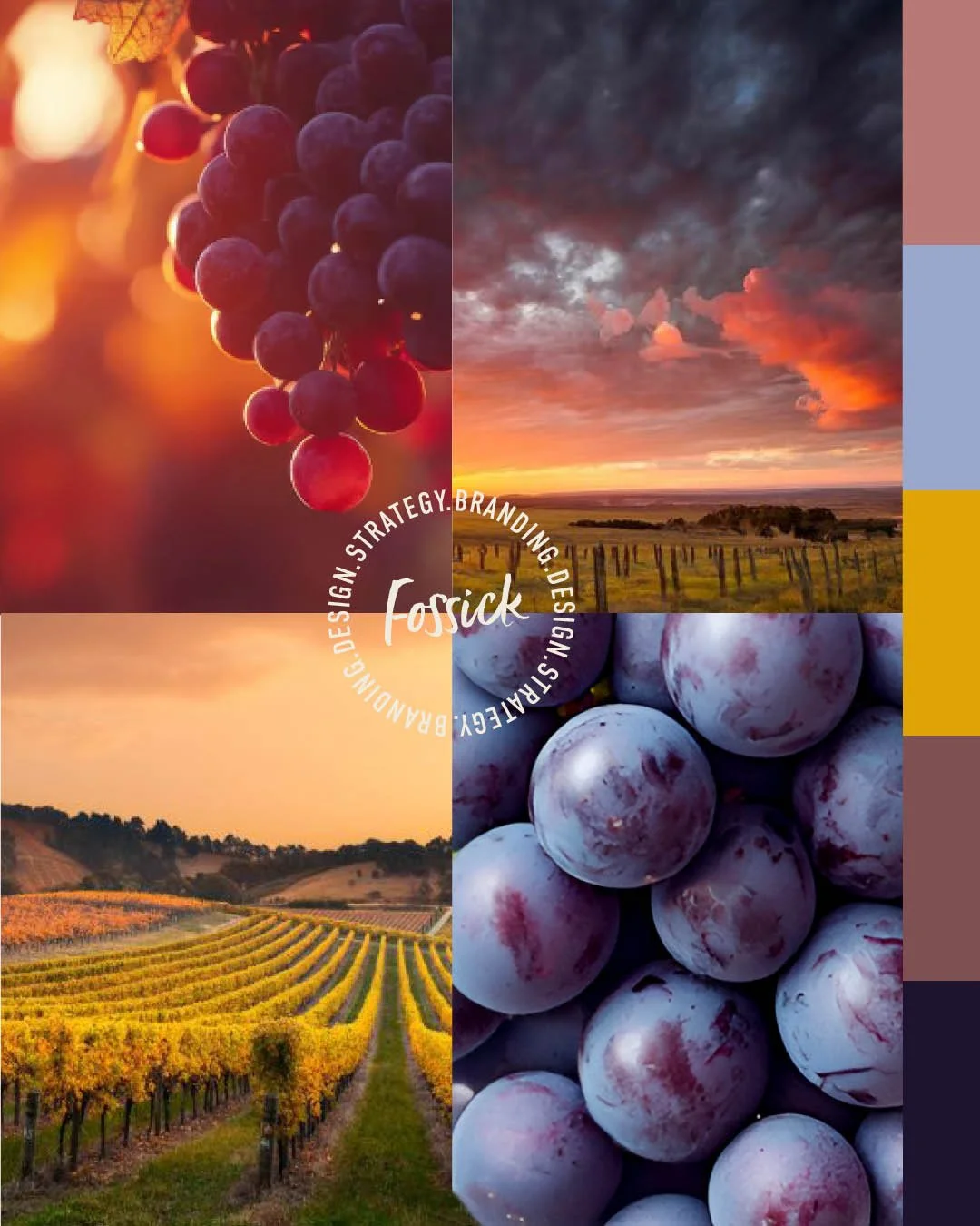 Vintage at Dusk &ndash; a mood board inspired by the warmth of wine vintage season. Rich burgundies, rustic tones, and golden hues that echo the tone of harvest time at dusk.

With many local wineries underway with their 2025 vintage, I was inspired 