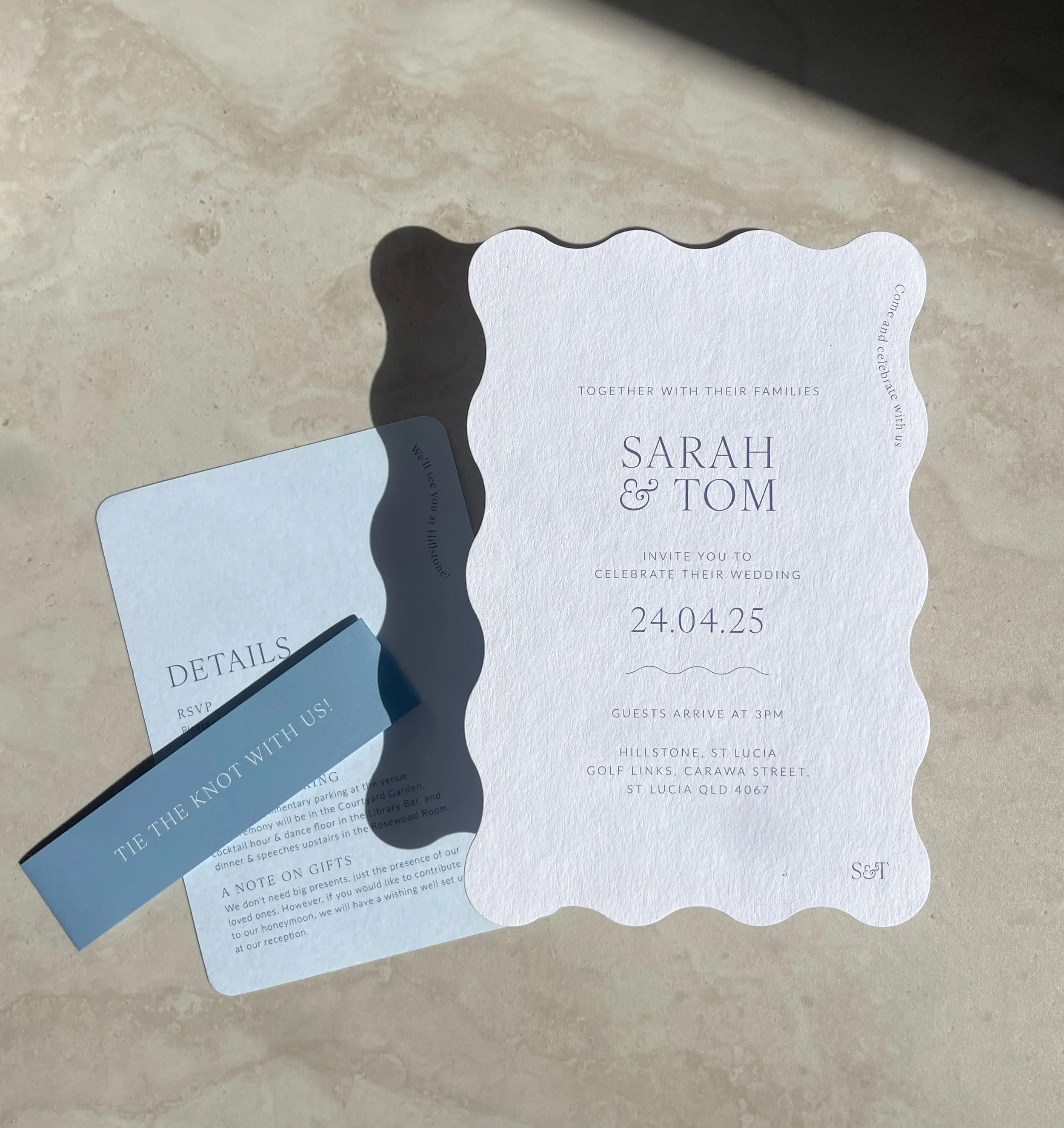 Invitation card with a map of the Gold Coast venue, featuring a 'Get Excited You're Invited!' message, hearts, and locations such as The Club, Parkwood, and Surfers Paradise.