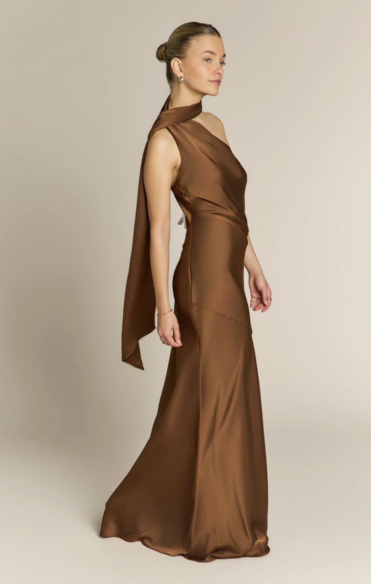 Raye one shoulder | £149 | Available in olive, forest, sage, champagne, caramel and chocolate.