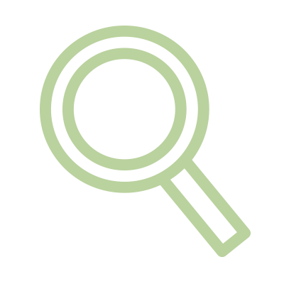 Magnifying glass icon with a green outline on a white background.