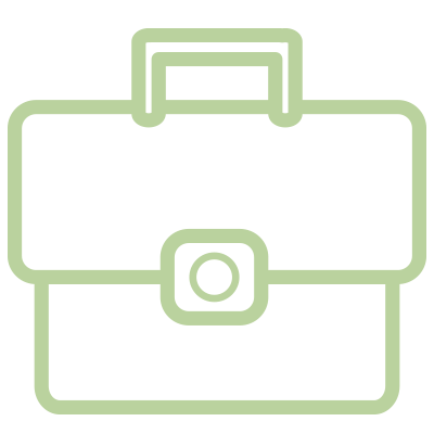 Outline of a briefcase with a handle and a clasp, in light green color.