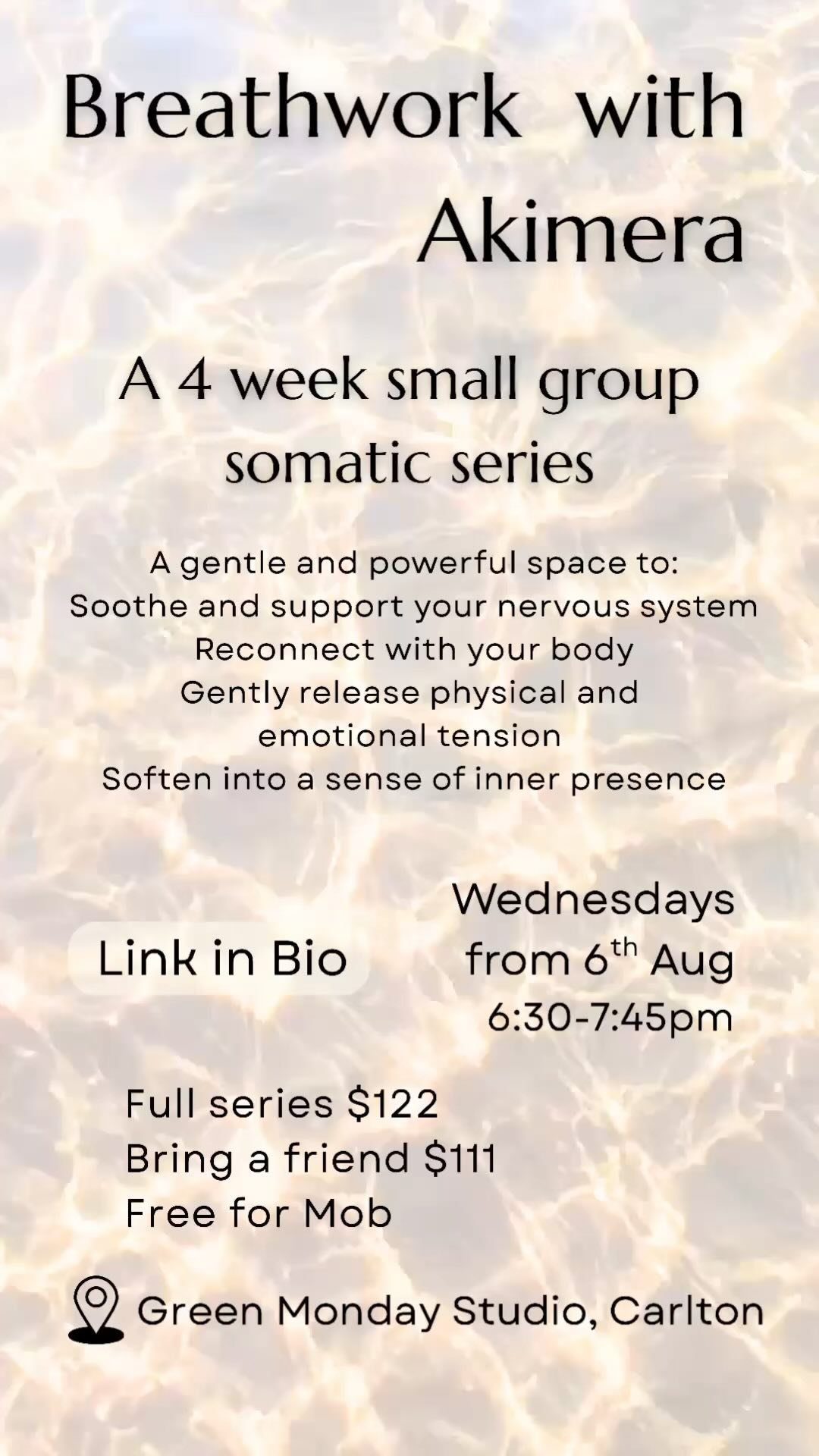 ~ Somatic Breathwork with Akimera ~
A space to slow down.
To reconnect with your body.
To regulate your nervous system in community.
A 4-week somatic breathwork series held at @greenmondaystudios.
I can’t wait to co-create a special time