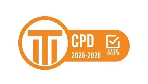 ITI CPD logo. This shows that a minimum of 30 hours of CPD has been achieved in the year 2025-2026. IT contains the ITI logo, plus the text: CPD, 2025 to 2026, 30 hours achieved, plus a ticked box.