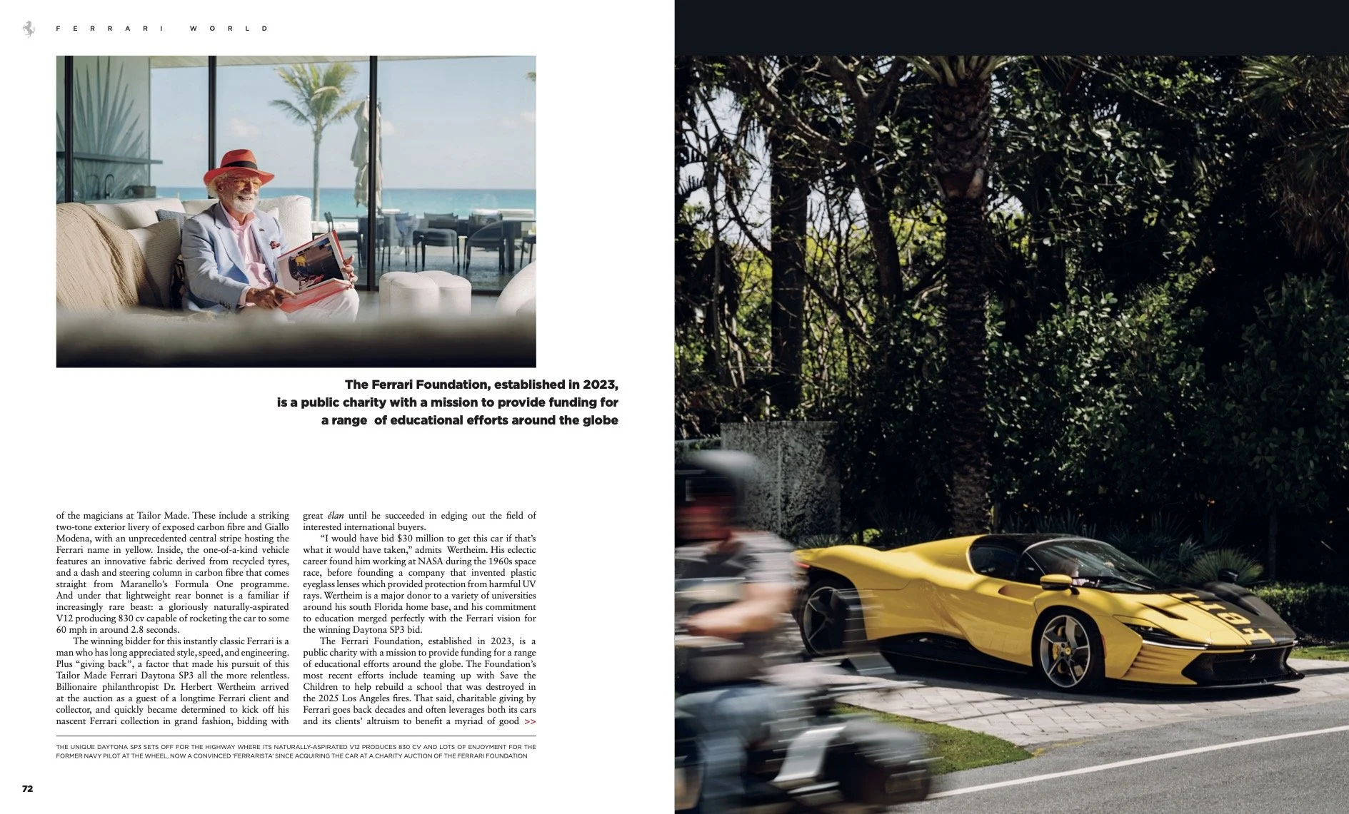 A magazine spread featuring a woman sitting indoors near large windows overlooking a beach, with a Ferrari logo and text about the Ferrari Foundation. The opposite page shows yellow Ferrari cars parked outside among trees, with cars and people moving