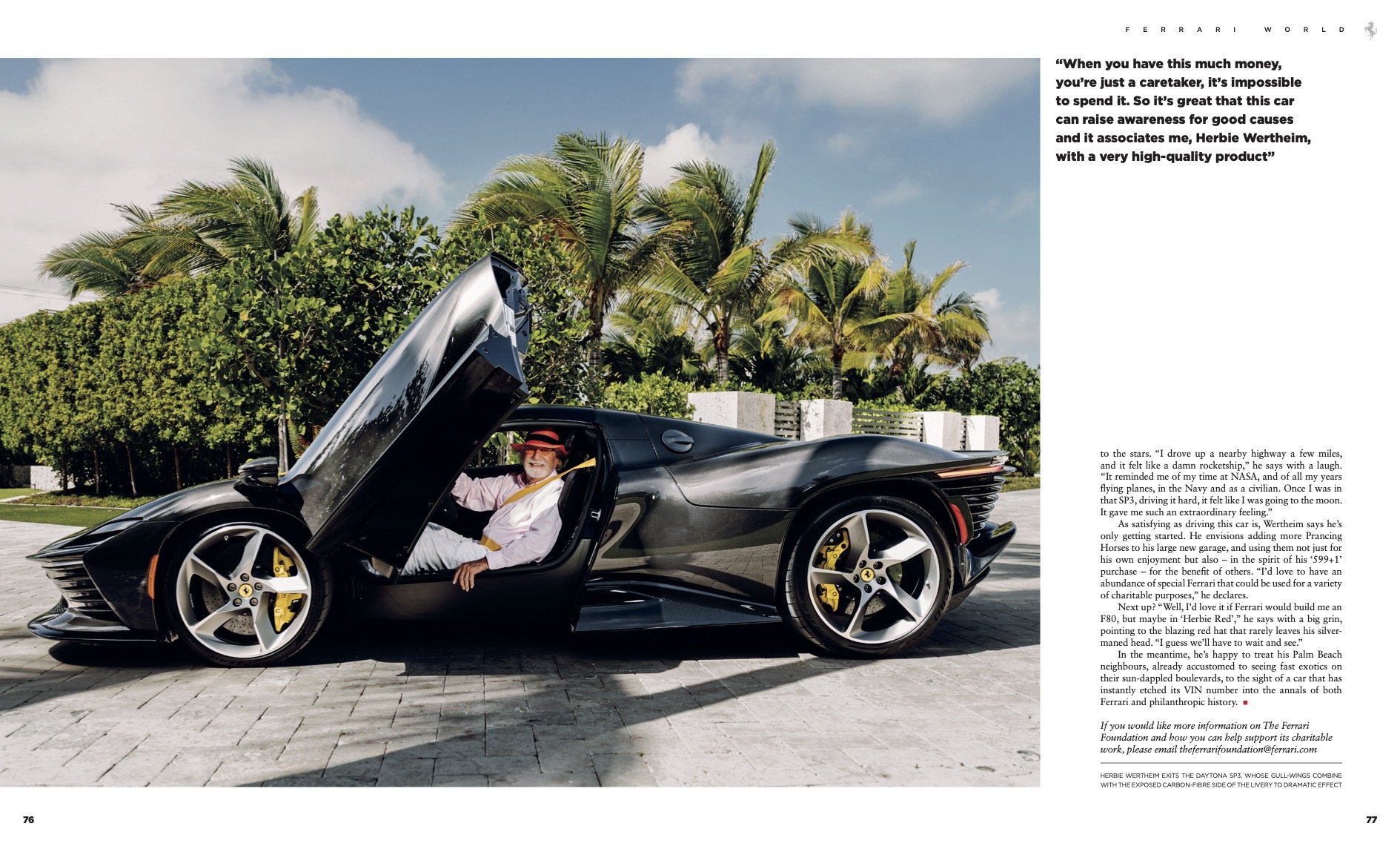 A man with a sunglasses and a hat sitting in a black Ferrari sports car with its door open, parked outdoors with palm trees and a bright blue sky in the background.