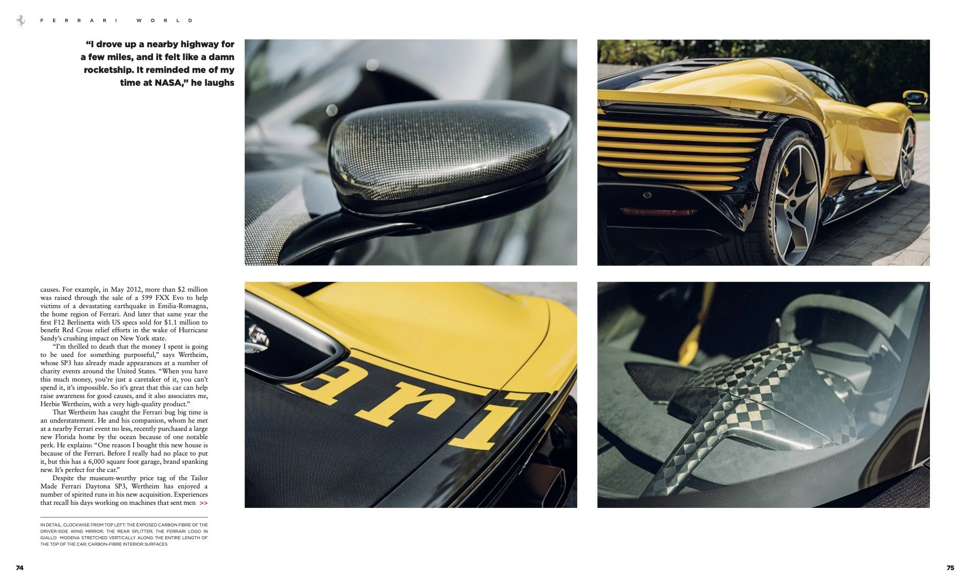 Close-up images of a yellow sports car, focusing on the rear view mirror, side profile with black accents, and interior with carbon fiber details.