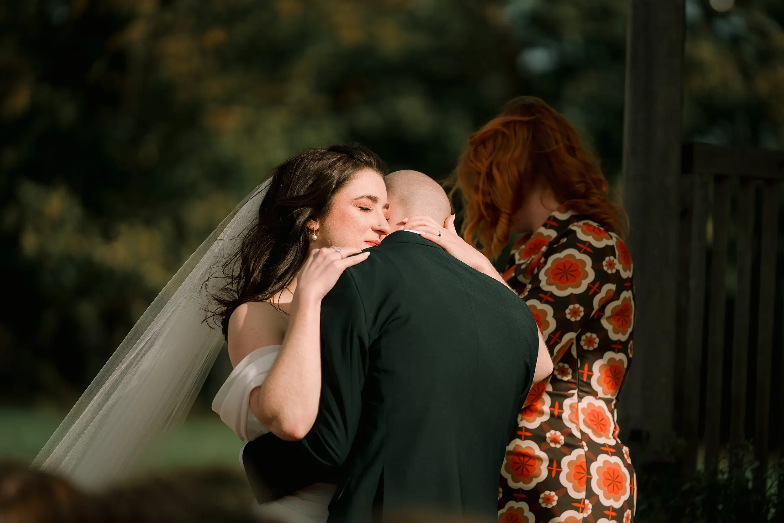 Couple hugging wedding