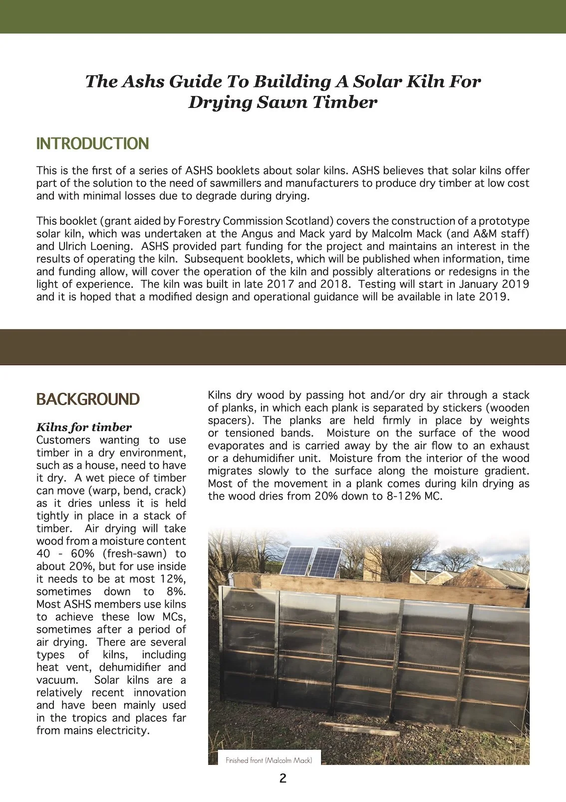First page of the ASHS guide “Building a Solar Kiln” showing introductory content