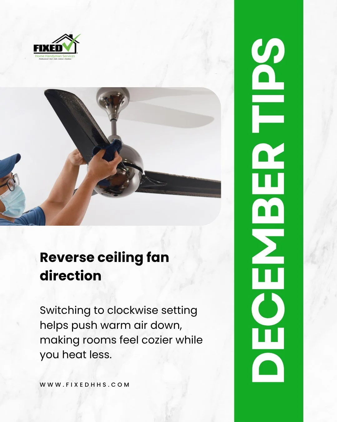 ♻️ Warm Up the Smart Way
Did you know reversing your ceiling fan in winter can make your home feel warmer&mdash;without touching the thermostat?

🔄 Set fans to clockwise to gently push warm air down
🔥 Creates a cozier space while using less heat

S