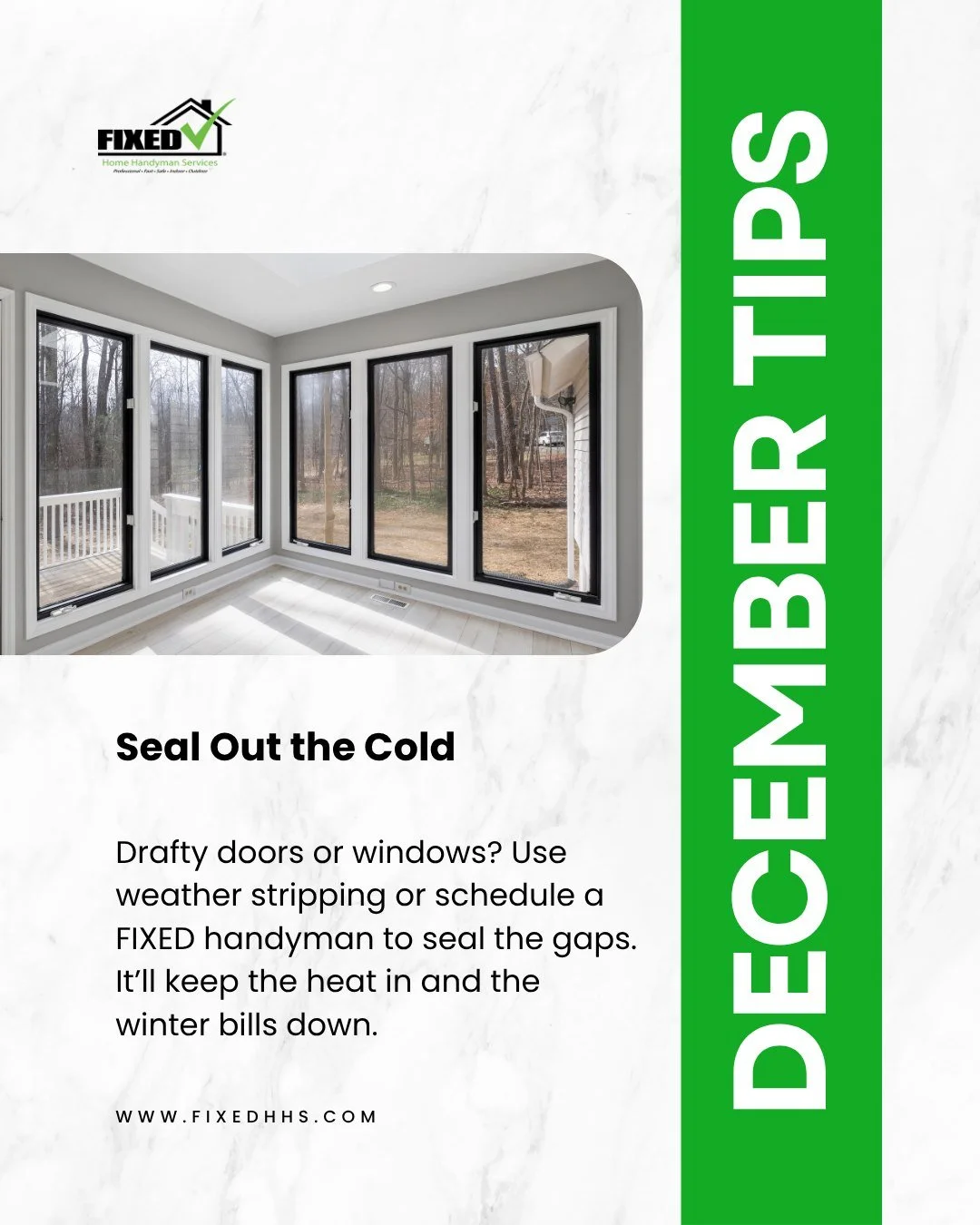 🥶 Seal the Gaps, Keep the Heat In!
Drafty windows and doors are more than just chilly&mdash;they&rsquo;re expensive.

✅ Add weather stripping
✅ Let our FIXED handymen professionally seal problem areas
✅ Lower your heating bills this winter

Don&rsqu