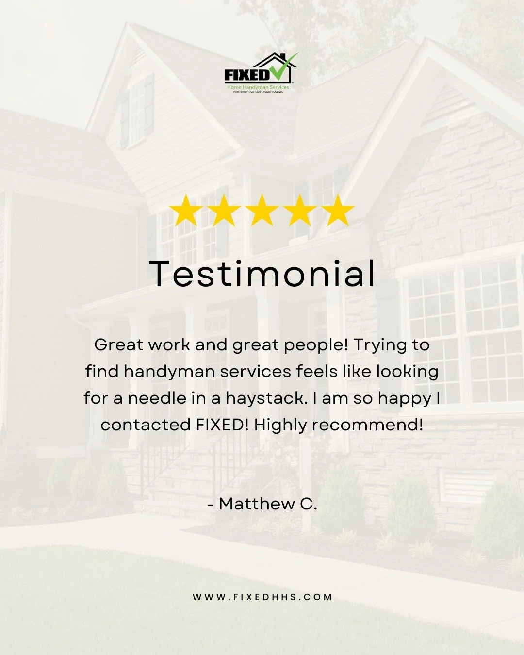 ⭐ Grateful for kind words like these!
Helping homeowners feel confident and cared for is why we do what we do. 💚

#ThankYou #HappyClients #FixedHHS #ReliableService #HomeRepairsMadeEasy #GratefulHeart #HandymanYouCanTrust