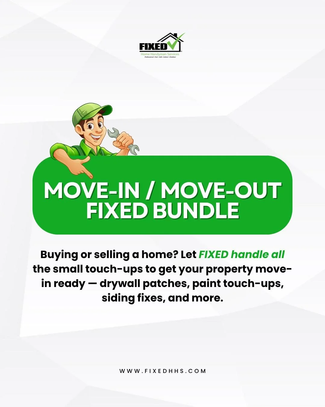 🔑 Moving Soon? We&rsquo;ve Got You Covered!

Whether you&rsquo;re getting ready to move in or preparing to sell, our Move-In / Move-Out FIXED Bundle makes it easy to tackle those last-minute touch-ups:
✔️ Drywall patches
✔️ Paint fixes
✔️ Siding rep
