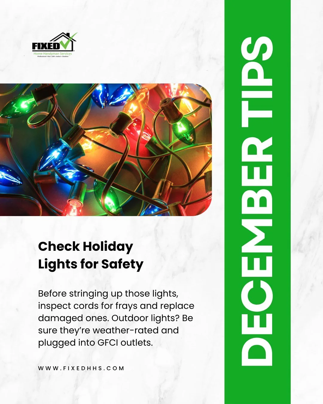 💡✨ Light Up Safely This Season!
Before the twinkle, take time to tangle safely.

🎄 Inspect cords for frays or cracks
🎄 Replace damaged strings
🎄 Use outdoor-rated lights and plug into GFCI outlets

A quick check can prevent a major hazard&mdash;s