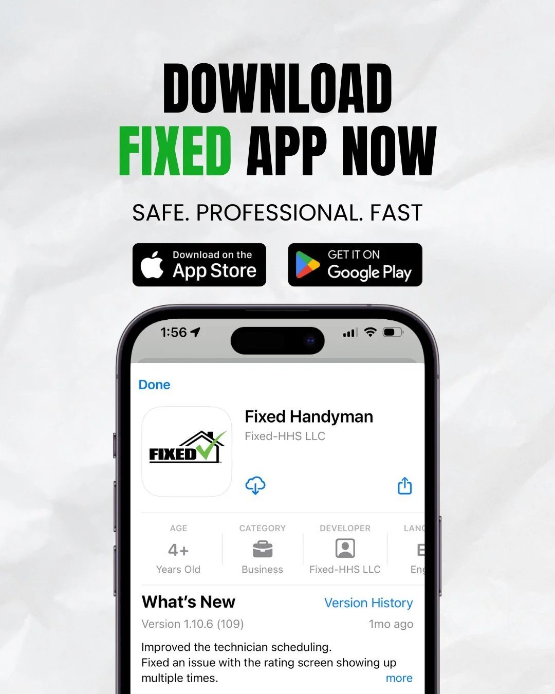Fix it fast. Fix it right. 📲
Download the FIXED Handyman App today &mdash; safe, professional, and just a tap away.

✅ On-demand help
✅ Trusted pros
✅ Real-time updates

Now on the App Store &amp; Google Play.

#FixedApp #HandymanServices #HomeRepai