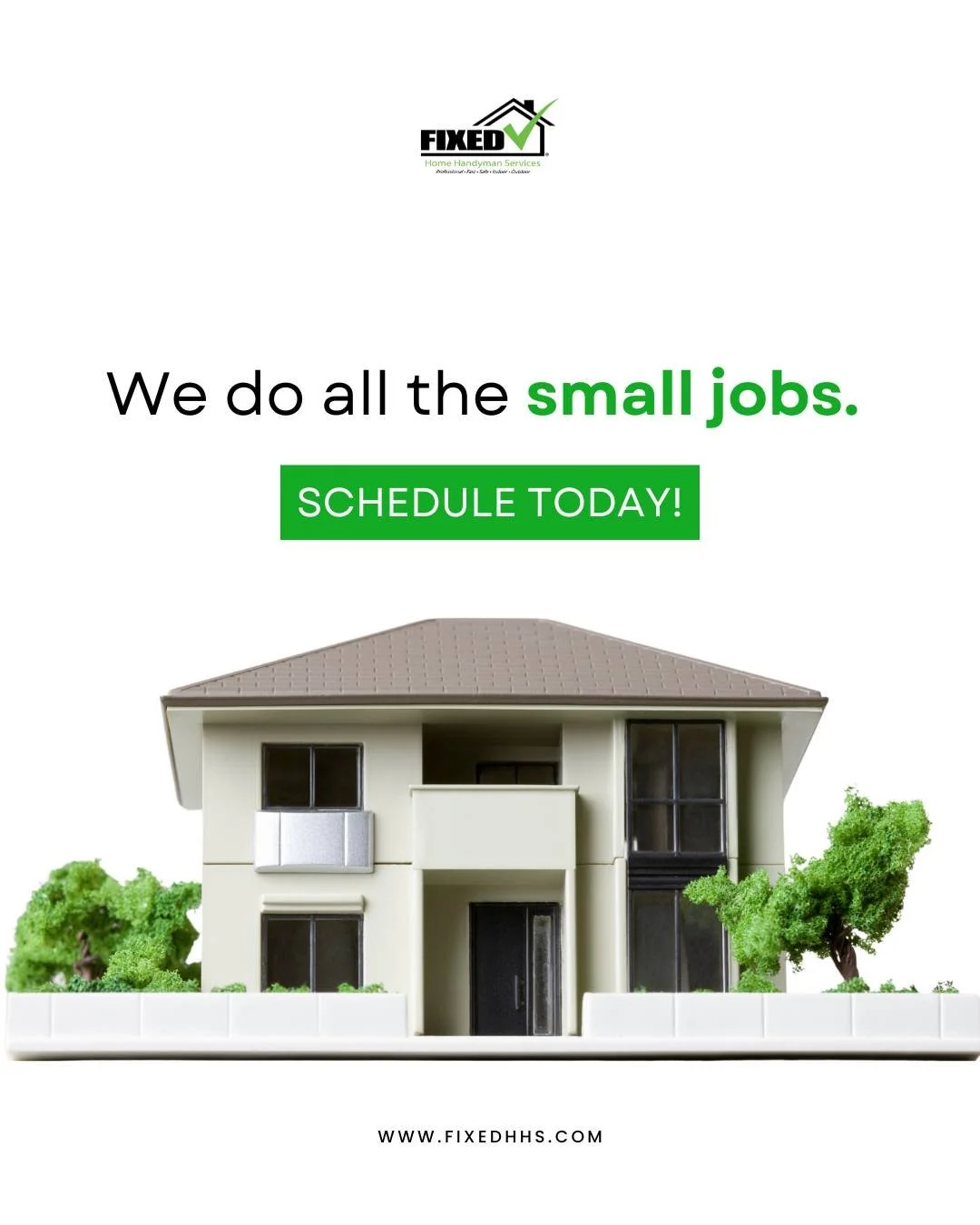 Big contractors pass on the small stuff.
We don&rsquo;t. 💚

At FIXED Home Handyman Services, we handle the everyday repairs that keep your home running smoothly &mdash; quick fixes, small installs, maintenance tasks, and everything in between.

No j