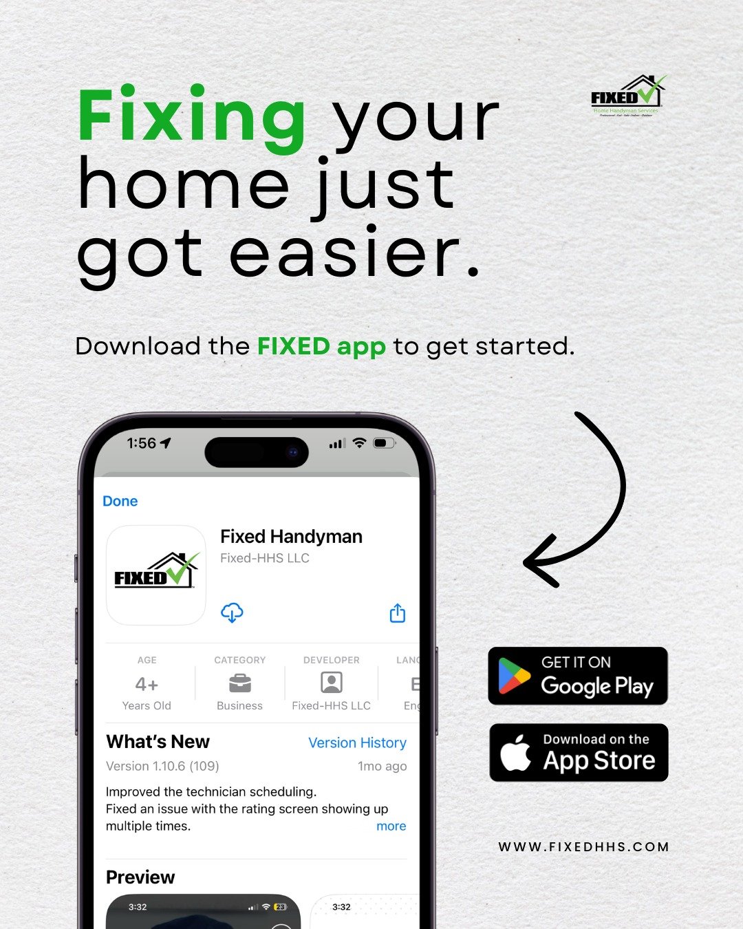 Fixing your home just got easier. 🛠️📱
With the FIXED app, you can schedule trusted handyman services in just a few taps&mdash;anytime, anywhere.

✅ Book services fast
✅ Track your technician
✅ Stay on top of home maintenance

Download now on Google