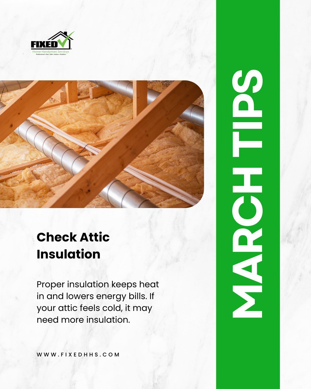 March Tip: Check Your Attic Insulation!

Is your attic letting all the heat escape?
Insulation plays a major role in keeping your home warm and energy-efficient.
If it feels cold up there, it may be time to add more insulation. ❄️🏠

Need a hand? Our
