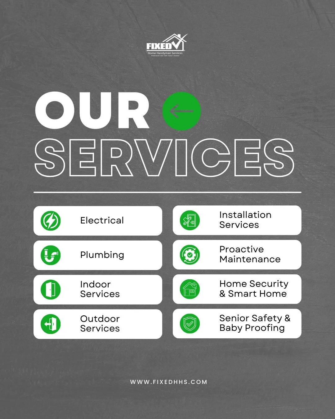 🛠️ From small fixes to smart upgrades &mdash; FIXED has you covered.

Whether it&rsquo;s electrical work, plumbing, indoor or outdoor repairs, or making your home safer and smarter, our handyman services are tailored to keep your home running smooth