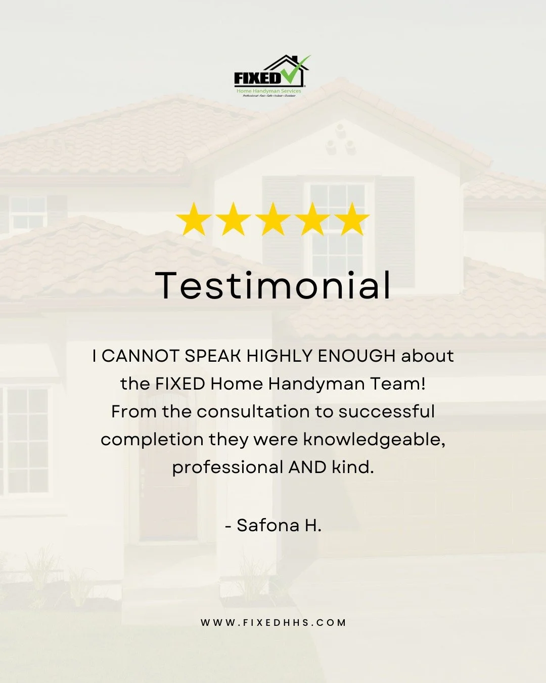 Another 5-star experience ⭐⭐⭐⭐⭐

Thank you, Safona H., for trusting us with your home. 💚

Have a project in mind?
📞 814-434-2628
🌐 www.fixedhhs.com

#5StarReview #HappyClients #HandymanServices #HomeRepairs #FIXEDHHS