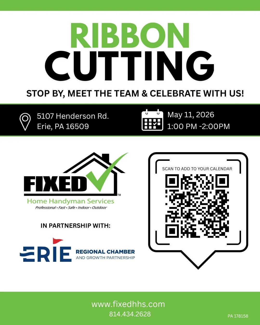 🎉 Big News, Erie! 🎉

We&rsquo;re officially cutting the ribbon&mdash;and you&rsquo;re invited!

Join FIXED Home Handyman Services as we celebrate our Ribbon Cutting Ceremony in partnership with the Erie Chamber of Commerce. ✂️

📅 May 11
⏰ 1:00 PM
