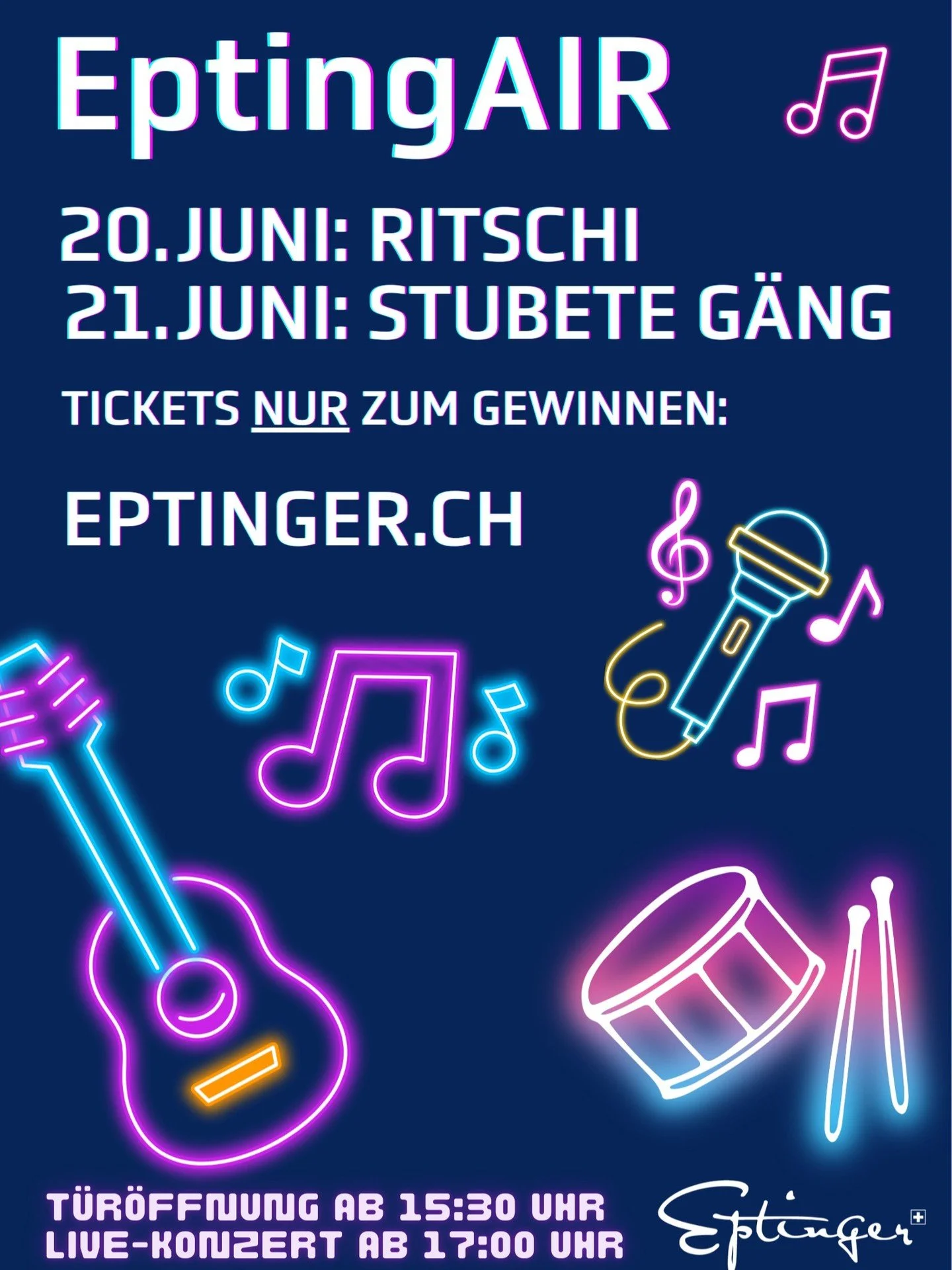 April, April? Nein, es ist KEIN Scherz!!! 😃 🎼 

EptingAIR ist zur&uuml;ck und wird Eptingen wie im Jubil&auml;umsjahr wieder zum Beben bringen. Zwei Tage, zwei Acts und ganz viel gute Stimmung unter freiem Himmel.

Tickets gibt es nicht zu kaufen. 