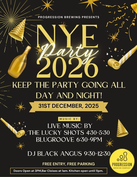 Black and gold NYE 2026 party poster for December 31, 2025, featuring fireworks, party hats, and noisemakers, with details about music and DJ schedule, free entry and parking, and timing for doors opening and kitchen closing.