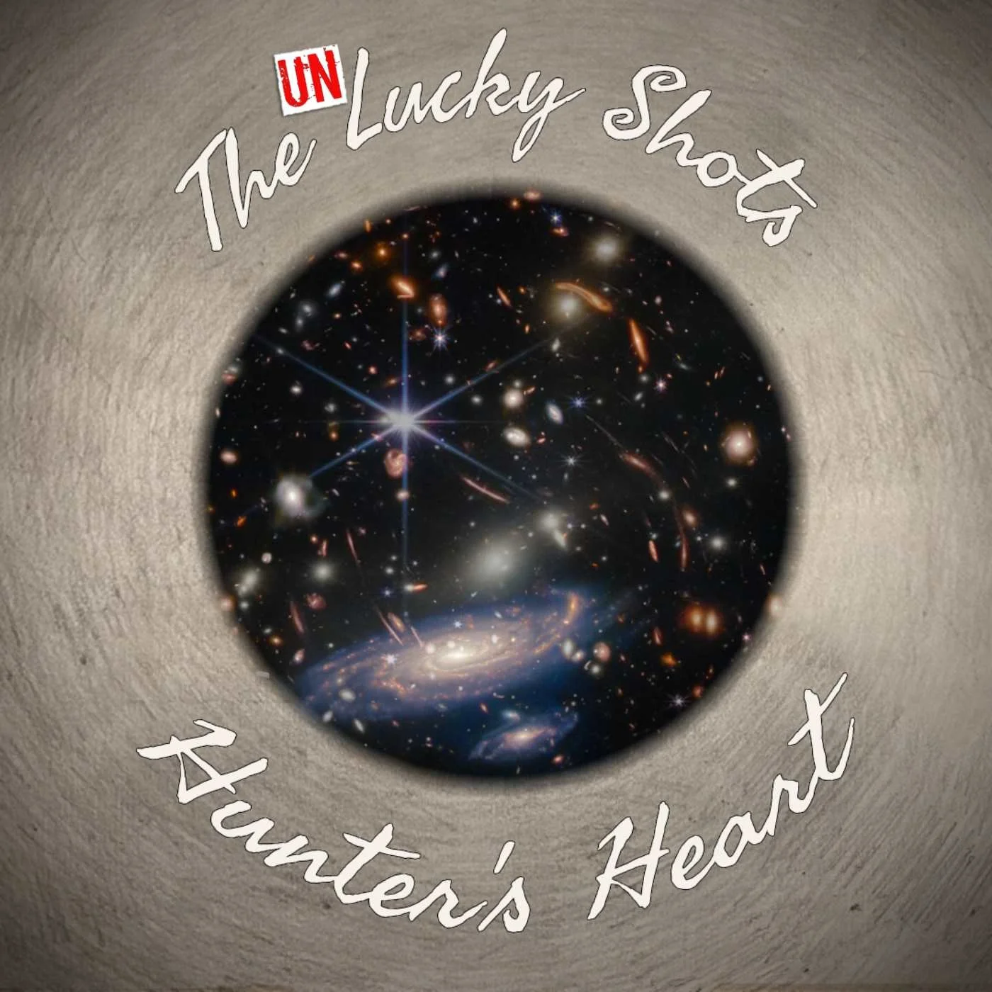 Cover art titled 'The Lucky Shot: A Hunter's Heart' with a circular image of a galaxy or deep space scene, surrounded by a textured beige background.