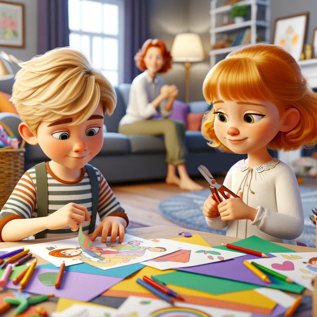 Niños en una mesa haciendo manualidades con papeles de colores, tijeras y lápices de colores, mientras una mujer en el fondo los observa en una sala de estar.