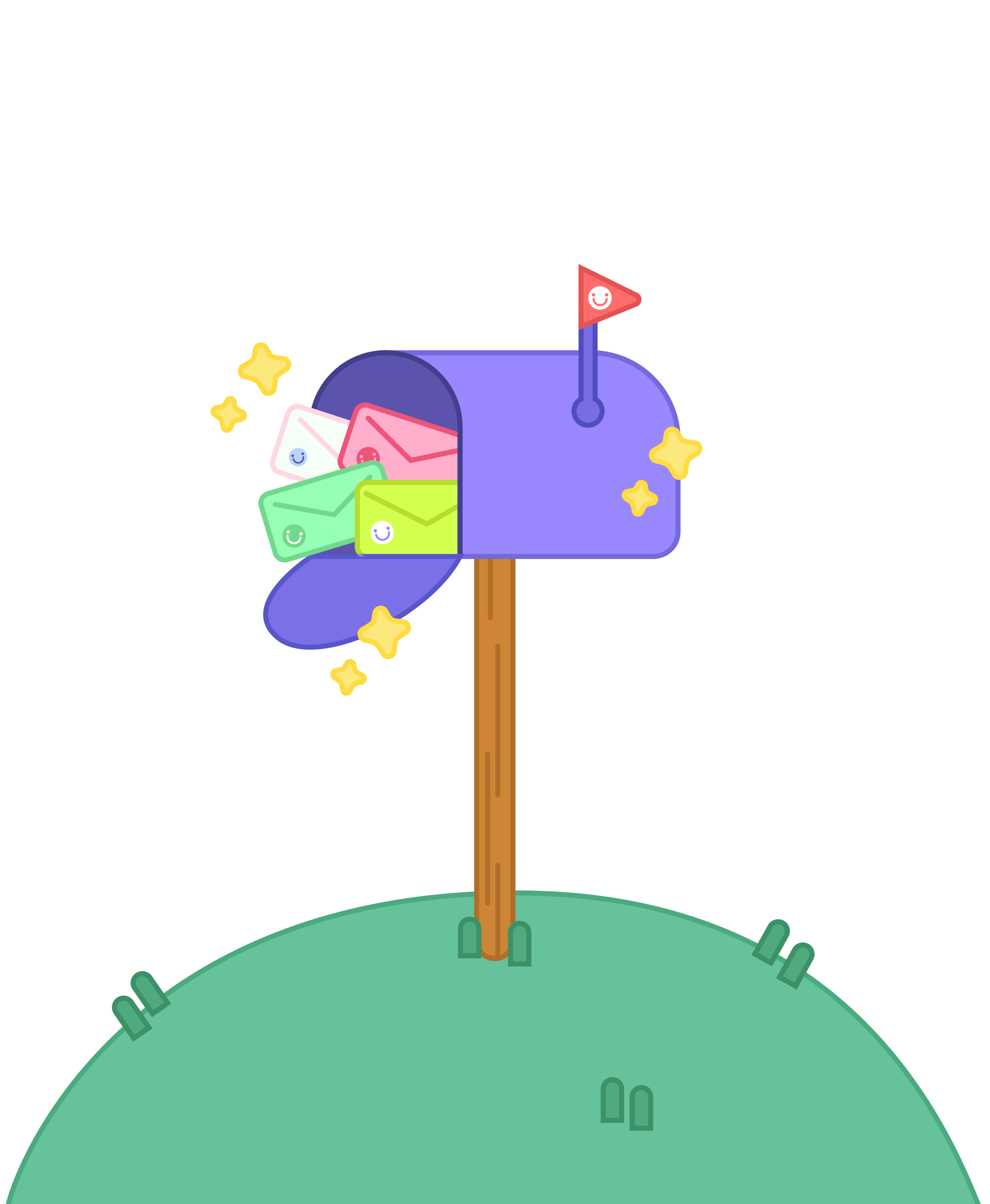 Buzón de correos de color morado con sobres de colores con caras sonrientes saliendo. Sobre el buzón, una bandera con cara feliz y en el suelo, una caseta de madera en un césped.