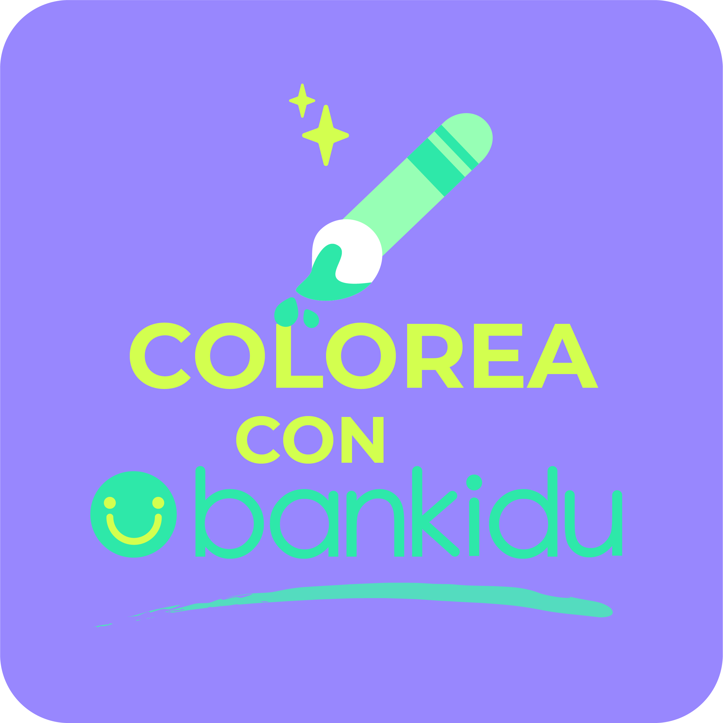 Fondo morado con lápiz para colorear, gotas de pintura y texto en español que dice 'Colorea con Bankidu' con una cara sonriente.