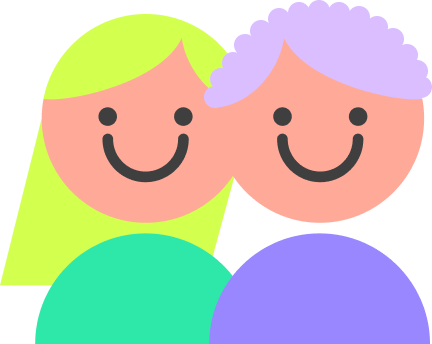 Dibujo de dos personas sonriendo con cabello rubio y canoso, y ropa en tonos verdes y morados.