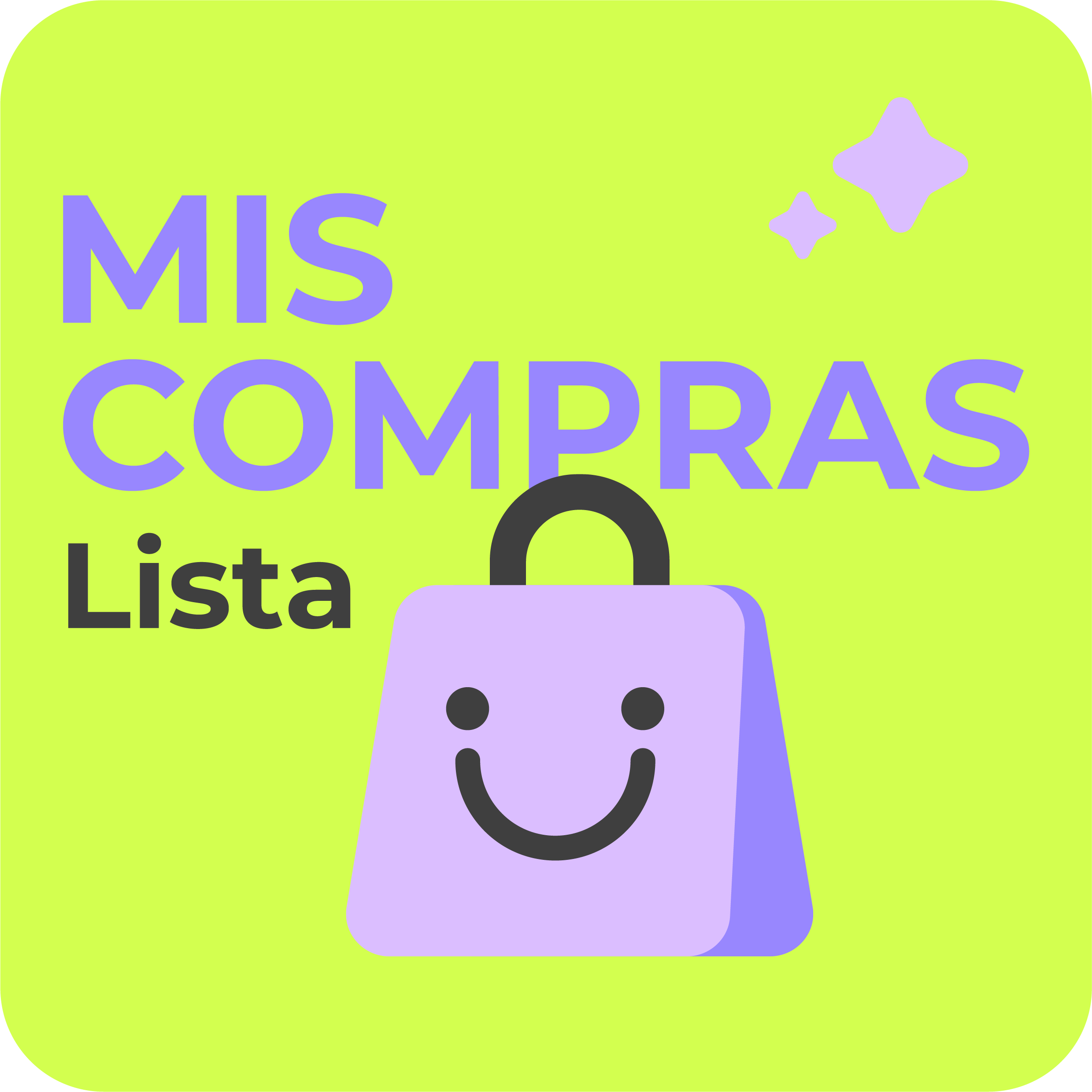 Fondo amarillo con texto en morado y negro que dice 'Mis compras lista' y dibujo de una bolsa morada con una cara sonriente, decoraciones de estrellas en el mismo color