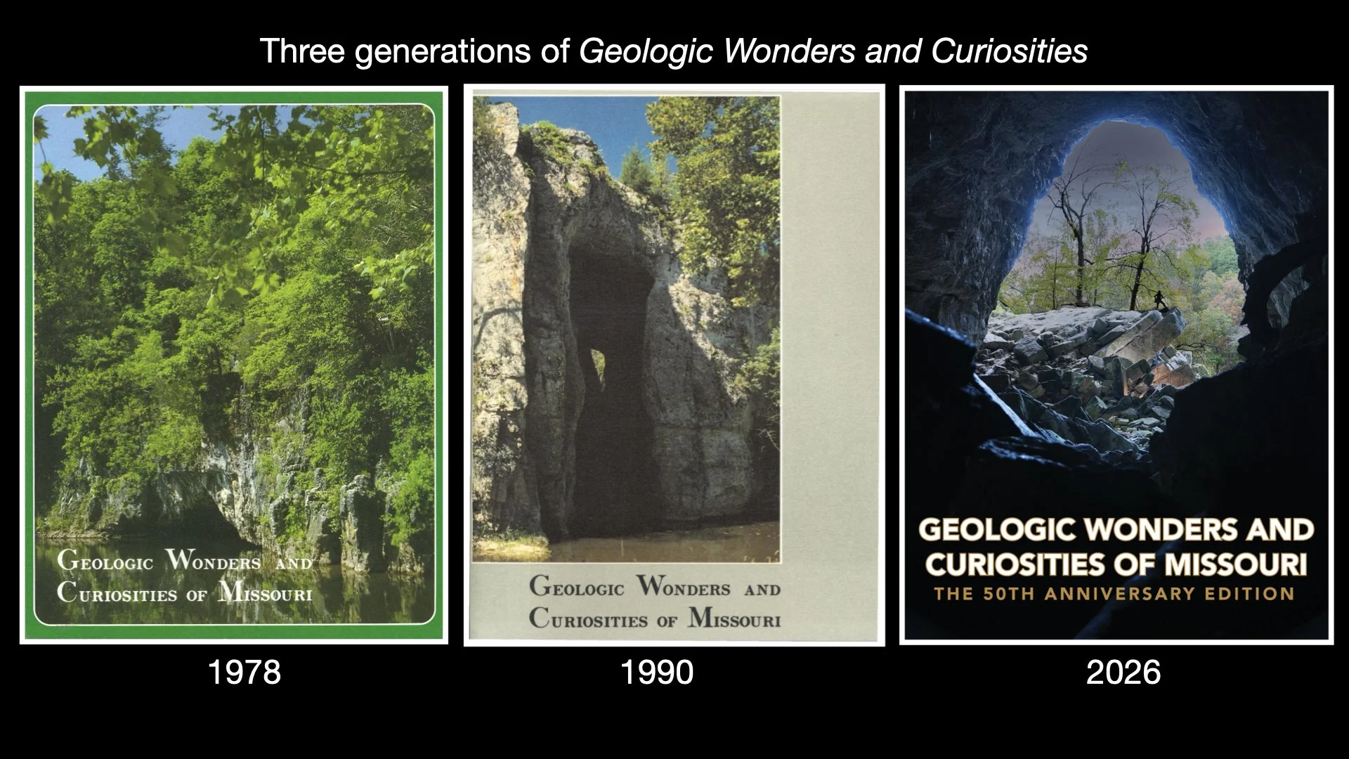 Three cover images of Geologic Wonders and Curiosities (1978, 1990, 2026).