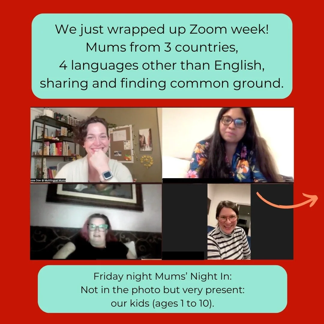 We just wrapped up Zoom week!

🌎 Mums from 3 countries, 
4 languages other than English,
sharing and finding common ground.

🌞 We began with a Sunday afternoon
where participants stayed beyond the one hour to take time and space for themselves, to 