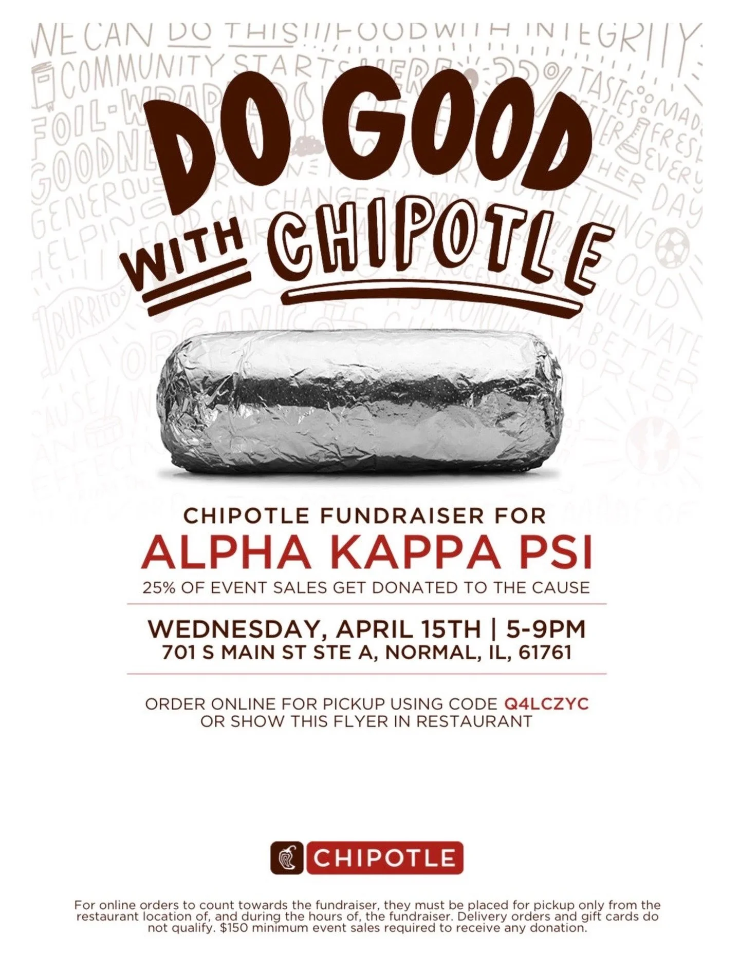 AKPsi Chipotle fundraiser is today! 

Support Alpha Kappa Psi while grabbing your favorite Chipotle meal! Show this post at checkout to support our fraternity!

💙💛

#chipotle #business #fraternity #fundraiser