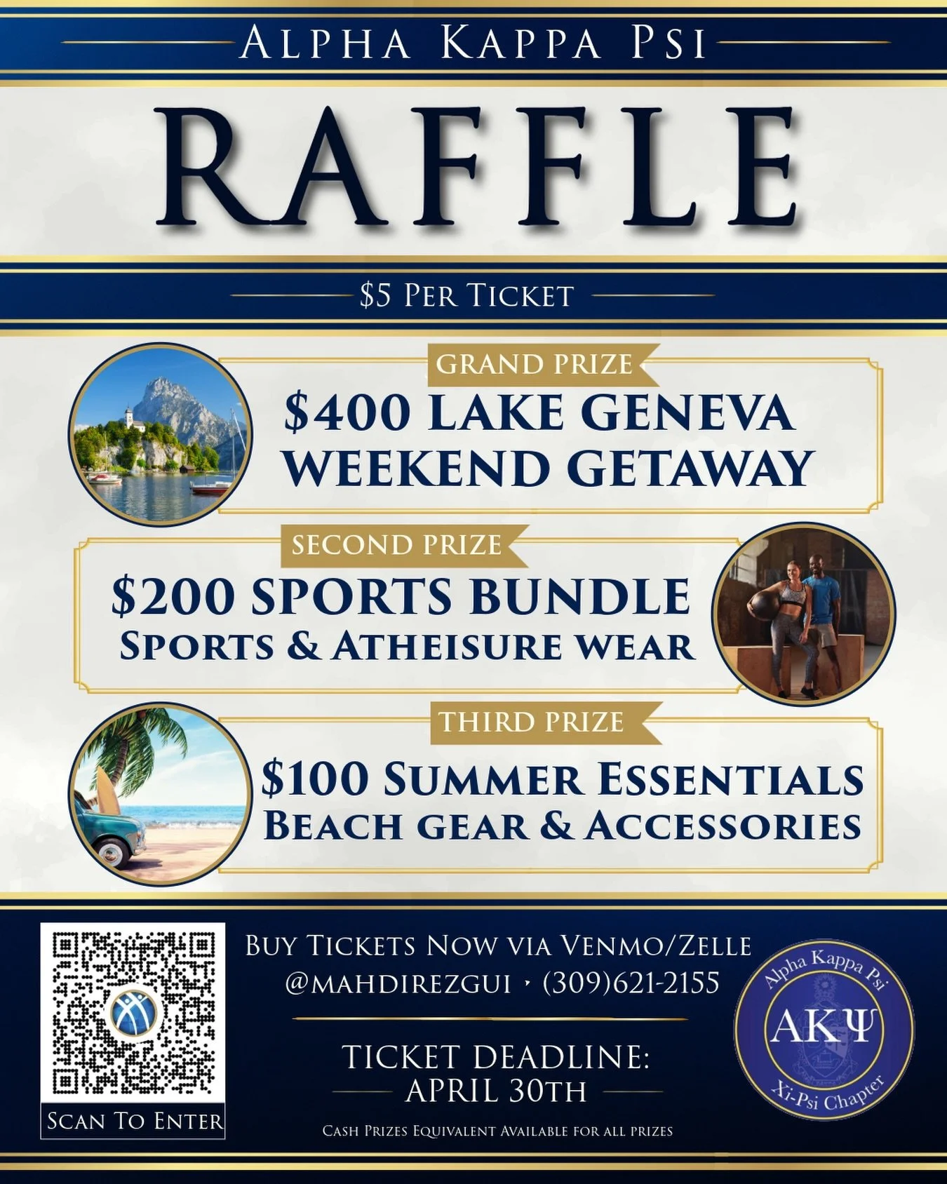 Your chance to win!!

Grand Prize: $400 Lake Geneva Weekend Getaway
Second Prize: $200 Sports Bundle
Third Prize: $100 Summer Essentials Package

Ticket Deadline: April 30th
Only $5 per ticket!

Don&rsquo;t miss out, grab your tickets and enter to wi