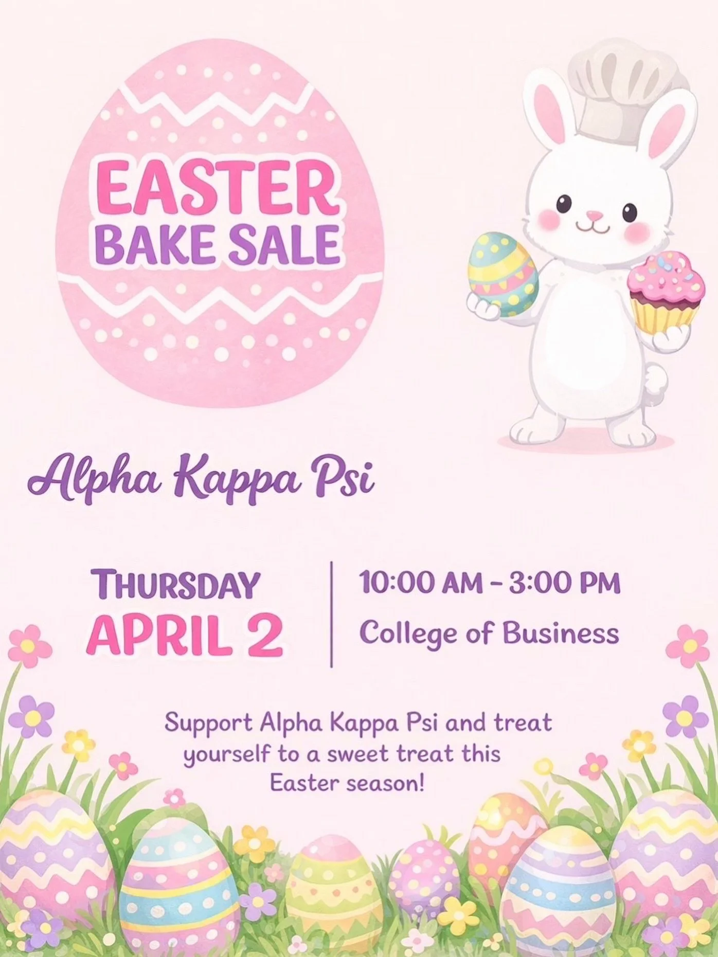Join us this Thursday in the College of Business. Stop by, support our fraternity and enjoy an Easter treat! 🐣

💙💛

#akpsi #business #fraternity #easter #bakesale