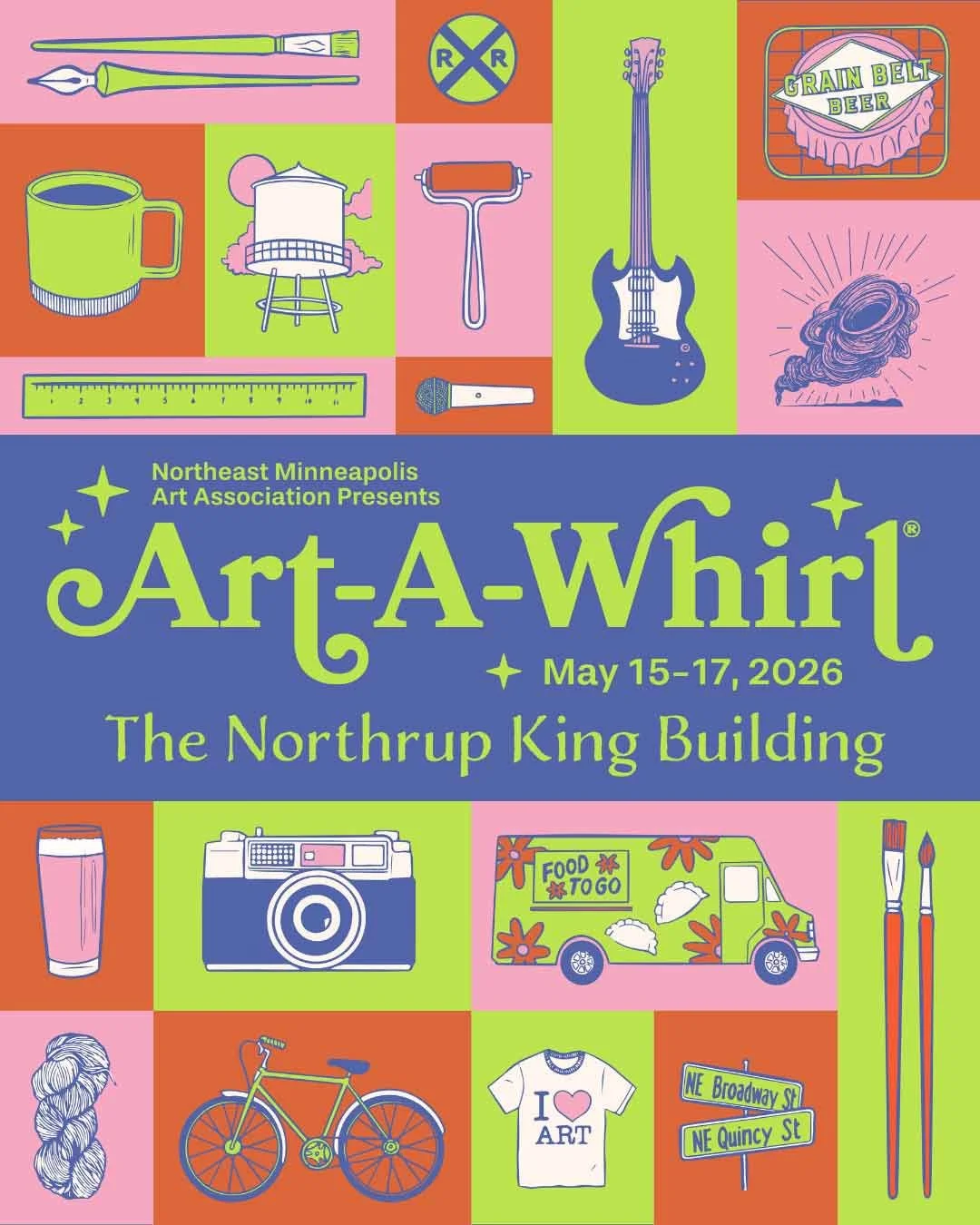 Poster with a large abstract spiral sculpture illuminated by purple and blue light, promoting the NE MAA Art-A-Whirl event from May 16 to 18, 2025, celebrating 30 years.